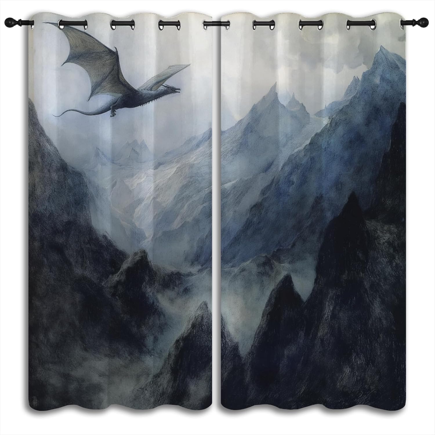 Dragon Blackout Curtains for Boys Girl Bedroom Home Decor, Fantasy Magic Animal Mountains Retro Style Thermal Insulated Grommet Darkening Living Room Window Drapes, 42 x 63 inch