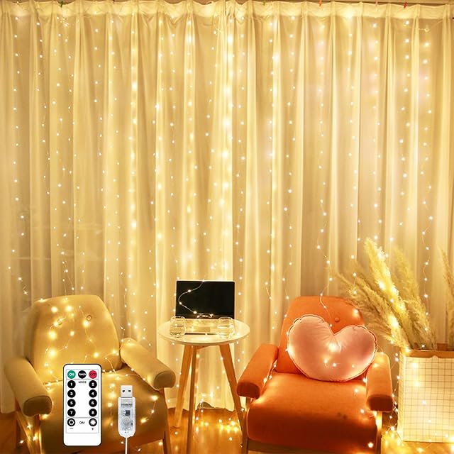 MUSUNIA Curtain Fairy Lights 300 LED Fairy Lights for Bedroom, 3m x 3m Remote Control 8 Modes and Waterproof, Indoor Outdoor Curtain String Lights Decoration(Warm White)