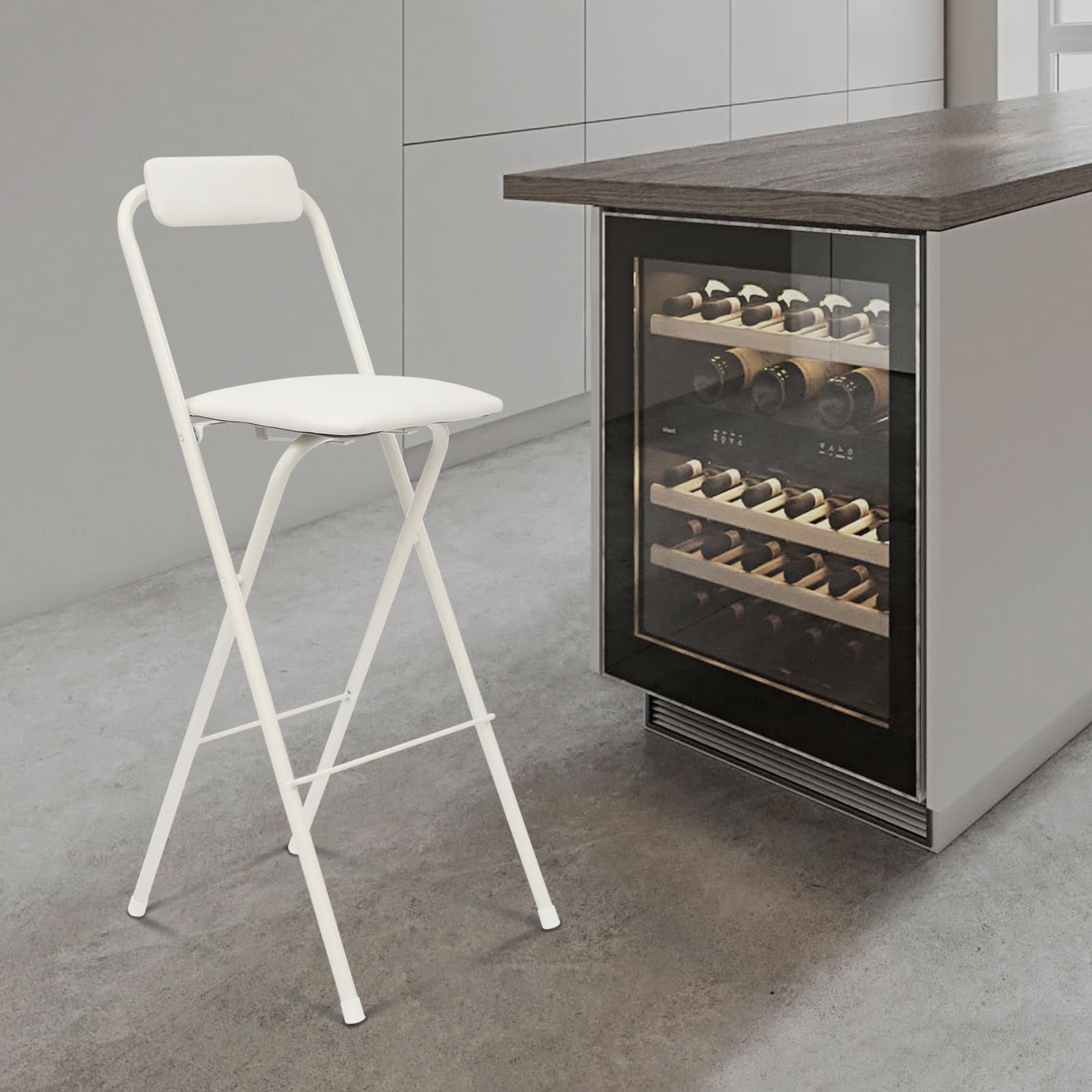 Tabouret de bar portable - Chaise haute pliable - 75 cm - Avec dossier - Tabouret pliable rembourré - Pour bar, café, cuisine - Charge maximale : 125 kg - Blanc