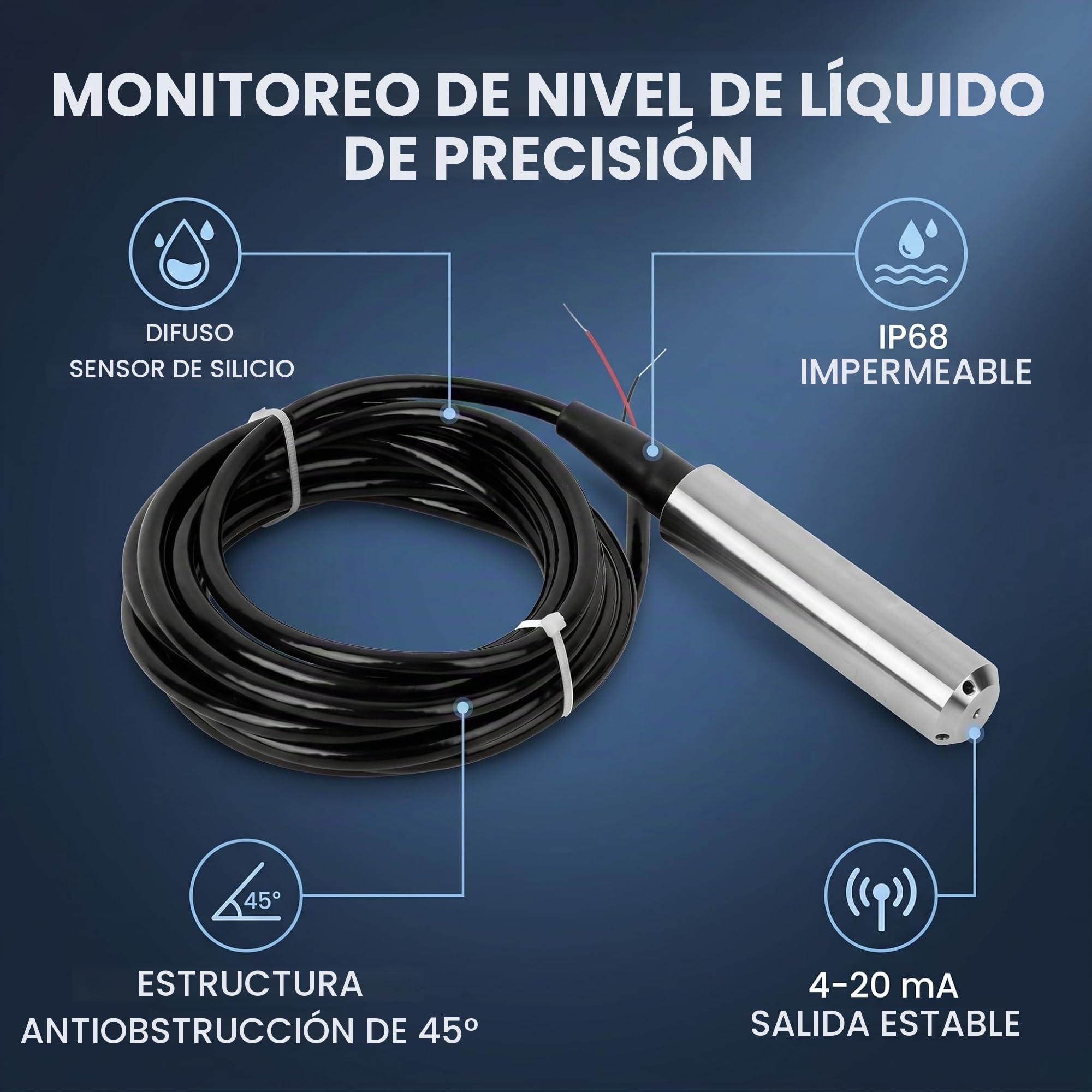 Sensor de Nivel de Agua IP68 Transmisor 4-20mA con Cable 5m Precisión 0.2%-0.5% FS Rango 0-2m 45° Industrial para Tanque Depósito Reservorio Medición Continua