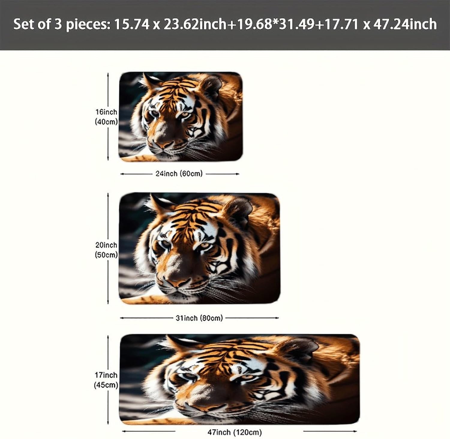 Wild Animal Tiger Kitchen Rugs Sets of 3 Non Slip Kitchen Mats for Floor Farmhouse Kitchen Sink Mat Thick Comfort Standing Mat for Laundry Room Hallway Bathroom