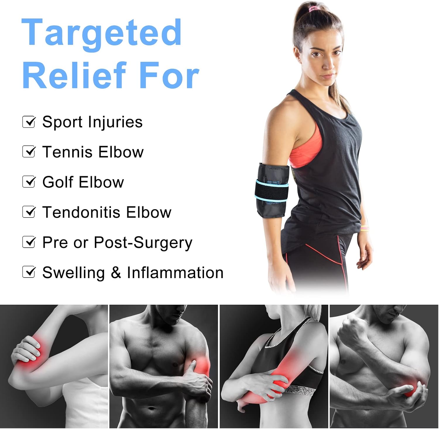 SuzziPad Elbow Ice Pack for Injuries with Double-Sided Fabric Cover, Wearable Ice Elbow Wrap with Cold Compress, Pain Relief for Forearm, Tennis Elbow, Golfers Elbow, Bursitis and Sport Injuries