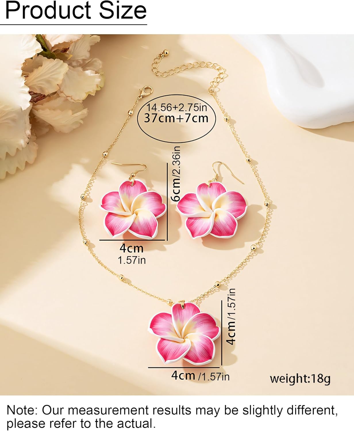 Hawaiian Flower Necklace Earrings Set for Women Pink Plumeria Pendant Necklace Boho Flower Dangle Earrings Summer Beach Tropical Hawaii Jewelry Accessories - Image 7