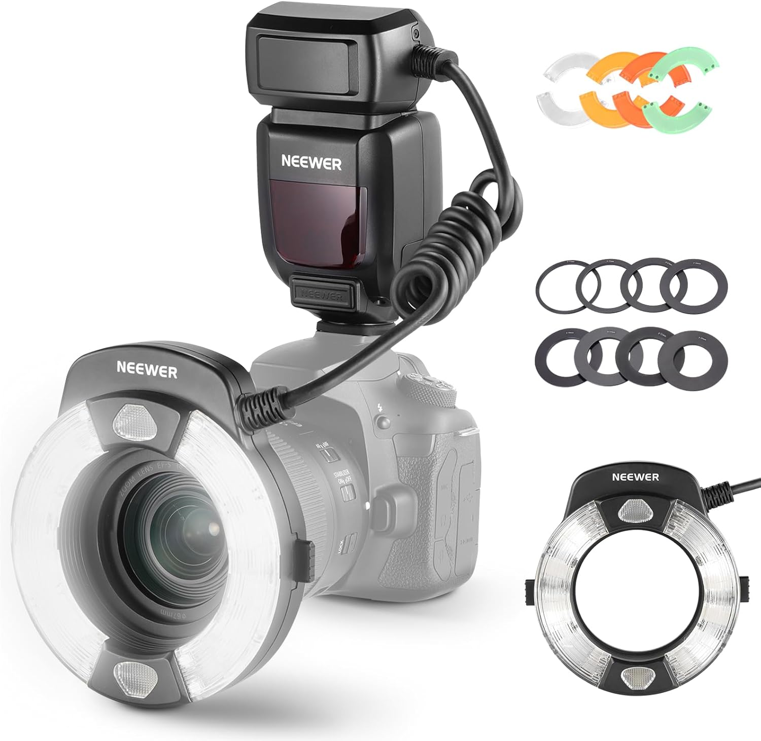 NEEWER 76Ws Marco Ring Flash Compatible with Canon Cameras, 1-1/128 Output, GN15 5600K TTL Flash Light with Front/Rear Curtain Sync, Color Gels, Lens Adapters for Macro Photography Lighting, RF1-C