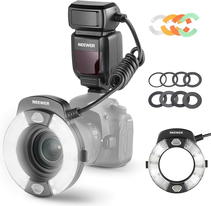 76Ws Marco Ring Flash Compatible with Canon Cameras, 1-1/128 Output, GN15 5600K TTL Flash Light with Front/Rear Curtain Sync, Color Gels, Lens Adapters for Macro Photography Lighting, RF1-C