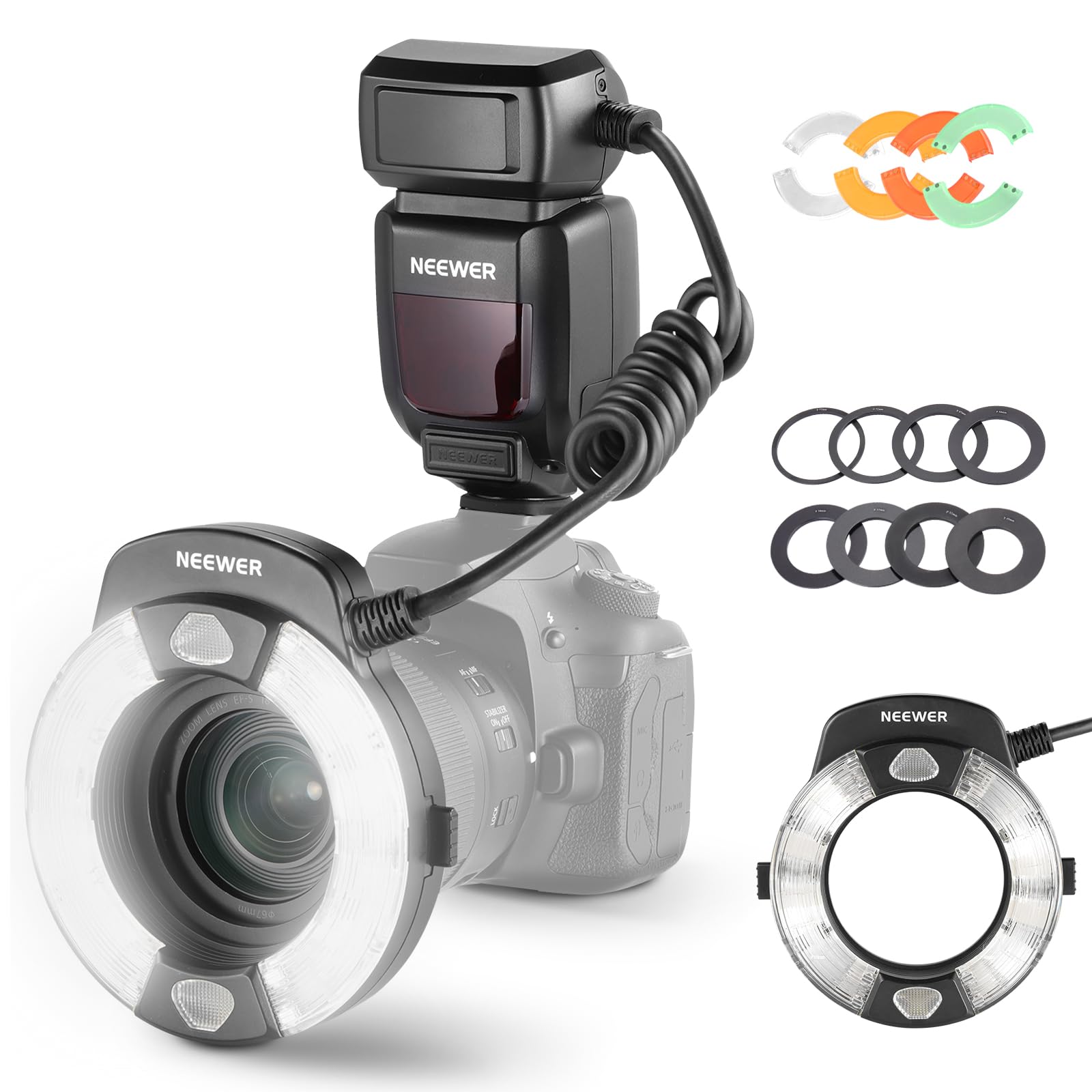 NEEWER 76Ws Marco Ring Flash Compatible with Canon Cameras, 1-1/128 Output, GN15 5600K TTL Flash Light with Front/Rear Curtain Sync, Color Gels, Lens Adapters for Macro Photography Lighting, RF1-C-picture-25