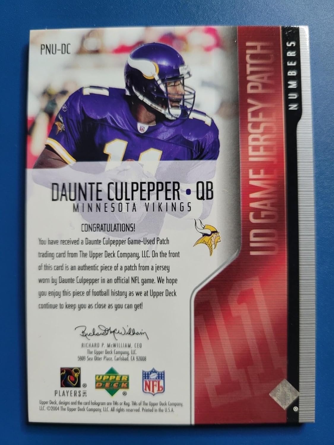 Daunte Culpepper 2004 UPPER DECK GAME JSY PATCH #PNU-DC MINNESOTA VIKINGS! - Football Cards