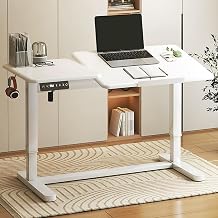 Standing Desk, Adjustable Sit Stand Up Desk, Tiltable Tabletop, White Computer Desk with Headphone Hook, Office Desk with Hidden Wheels, 3 Memory Heights,