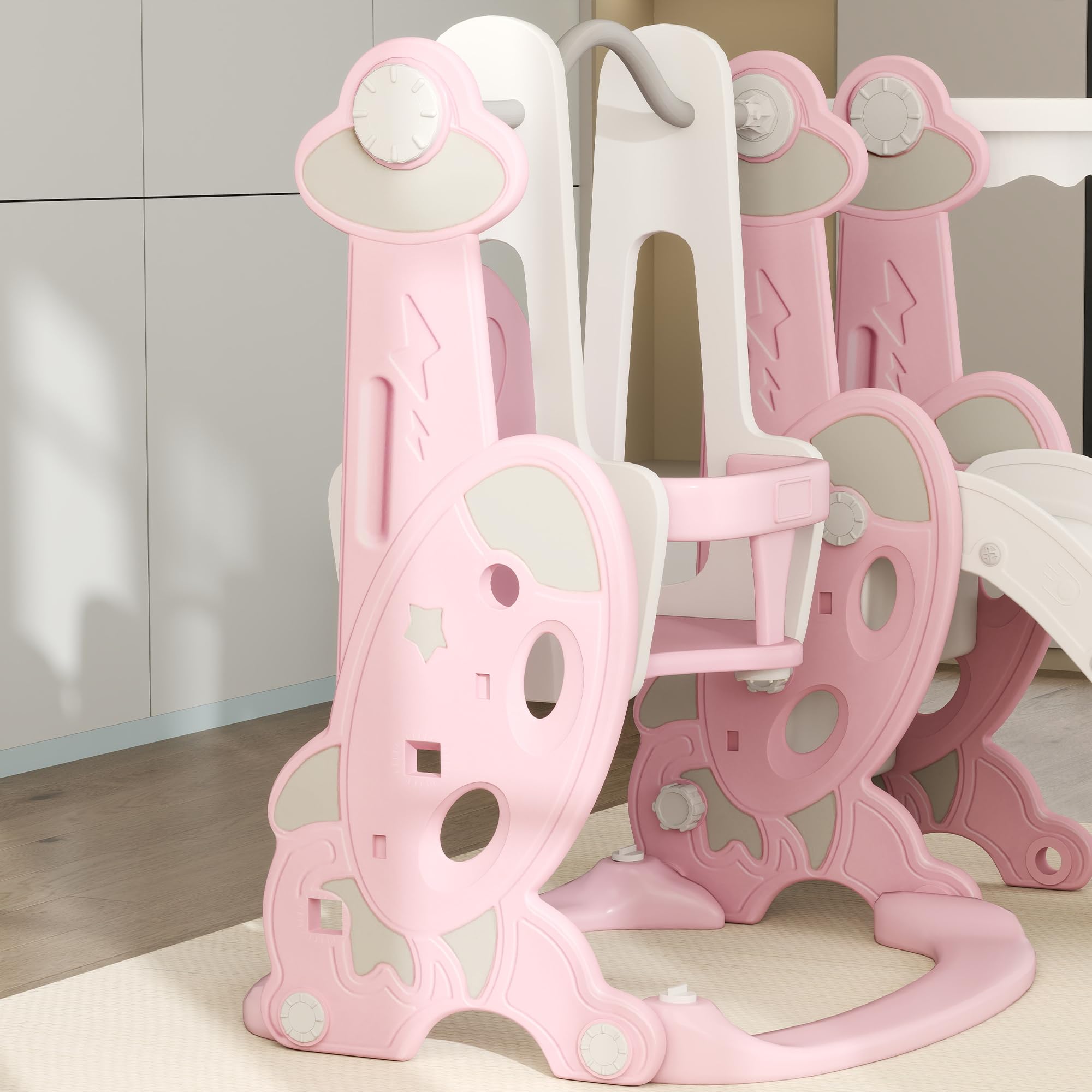 AIYAPLAY Tobogán Infantil 4 en 1 Parque Infantil con Columpio y Tobogán Escalador Aro de Baloncesto Temática de Cohete para Interior Rosa y Blanco
