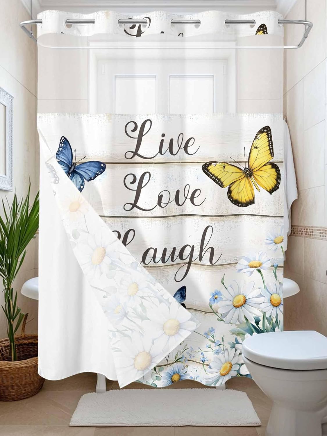 No Hooks Shower Curtain with Snap in Fabric Liner Set, Farm Daisy Flower Butterfly Shower Curtains Waterproof & Washable Bathroom Curtain with See Through Top Window,Hotel Style,60x72in