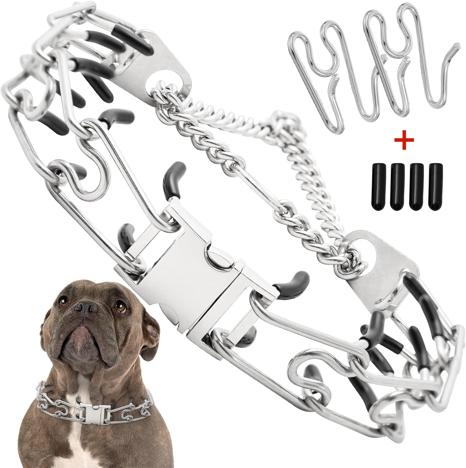 Adjustable Training Collars Anti Pull Dog Collar for Large Dogs 304 Stainless Steels Dog Collar with Quick Release Buckle and Comfort Rubber Tips(Black,XL-28inch)