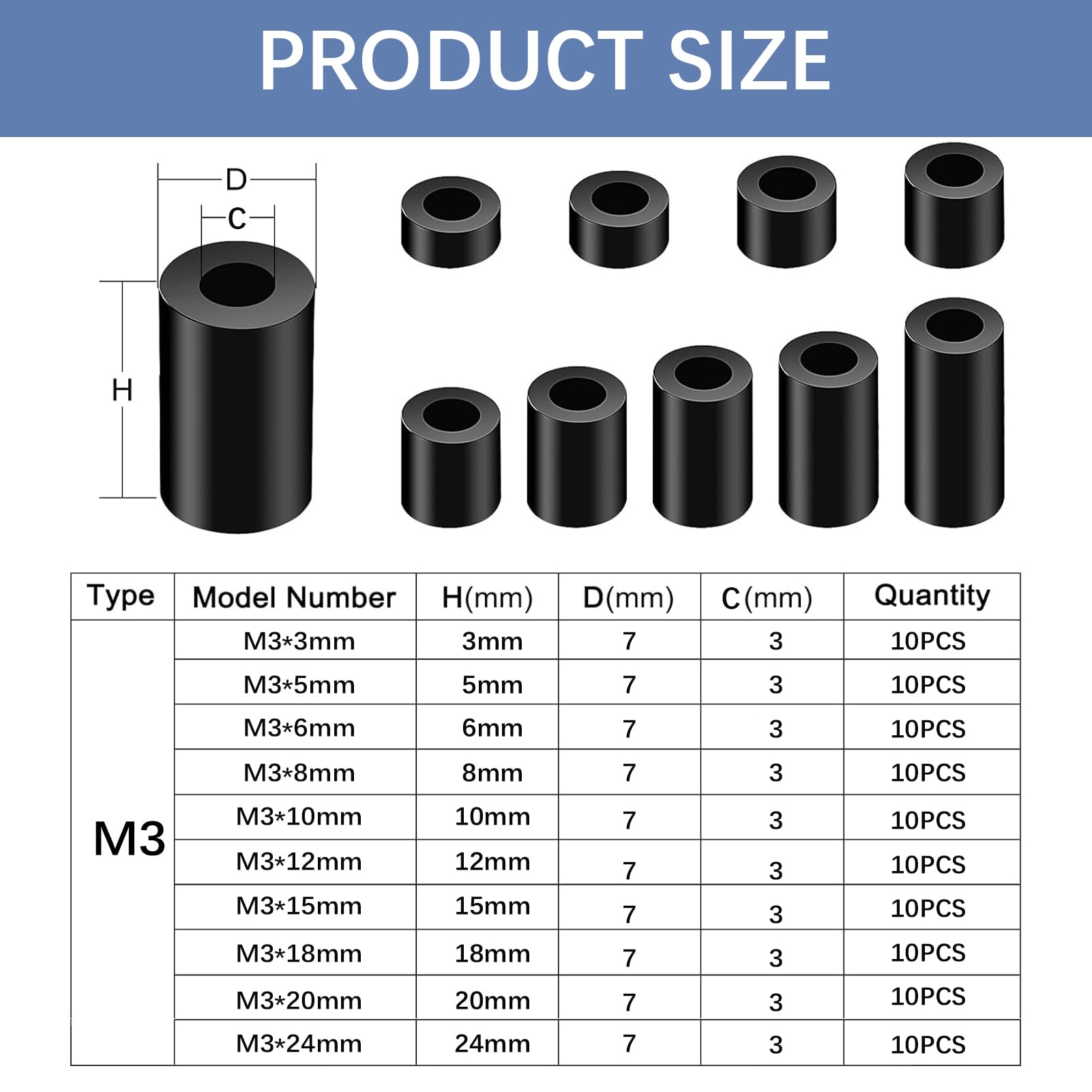 100 Pcs ABS Round Spacer Washer Assortment Kit, Female Insulation Non Threaded Column Standoff Support Spacer Nylon Plastic Screw Spacers Washers with Storage Box for Pegboard Motorbike,10 Sizes - Image 2