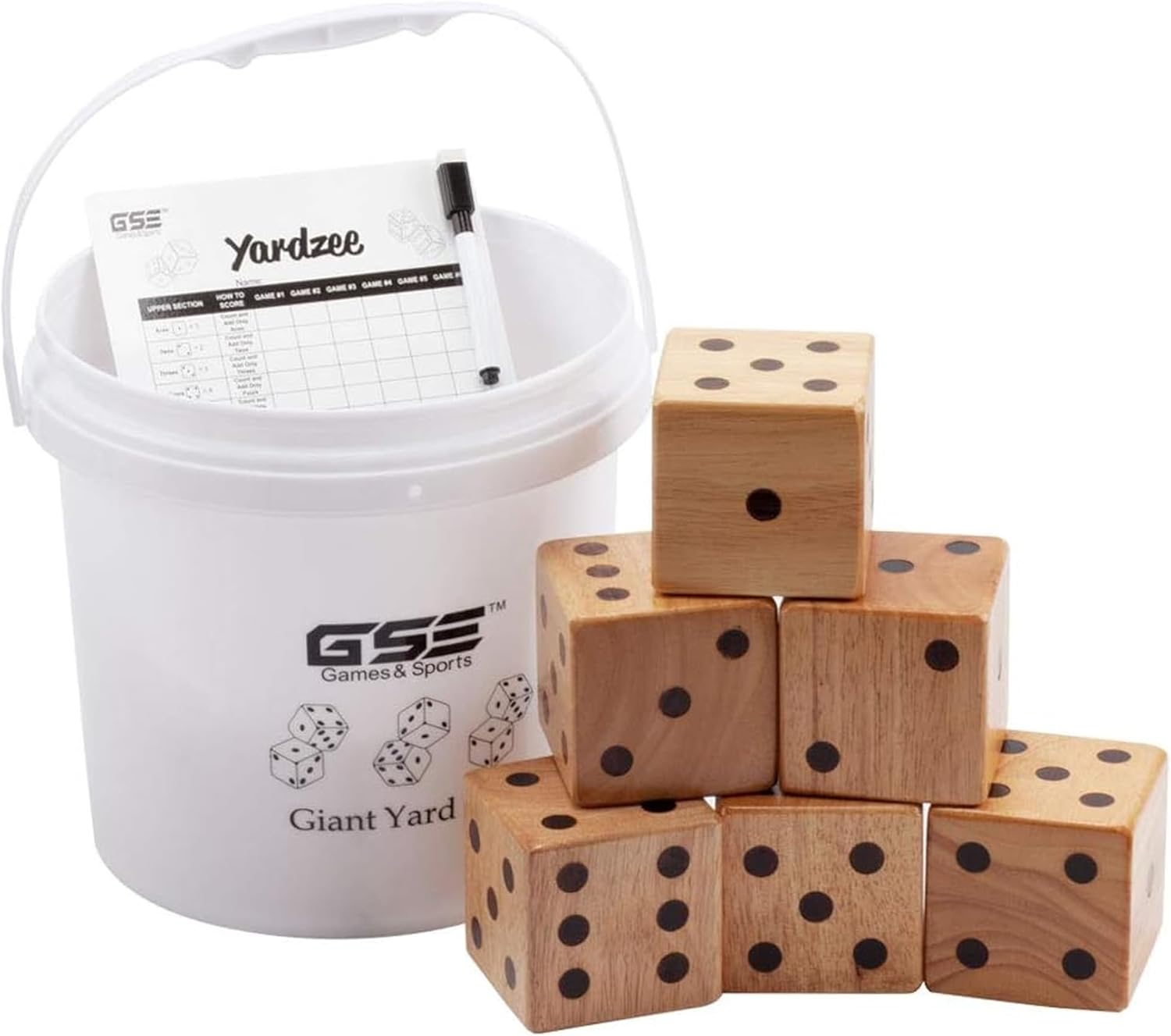 GSE Games & Sports Expert 3.5-Inch Premium Oak Giant Yard Dice Set with Bucket and Yardzee & Farkle Scorecard. Outdoor Backyard Lawn Game for Family
