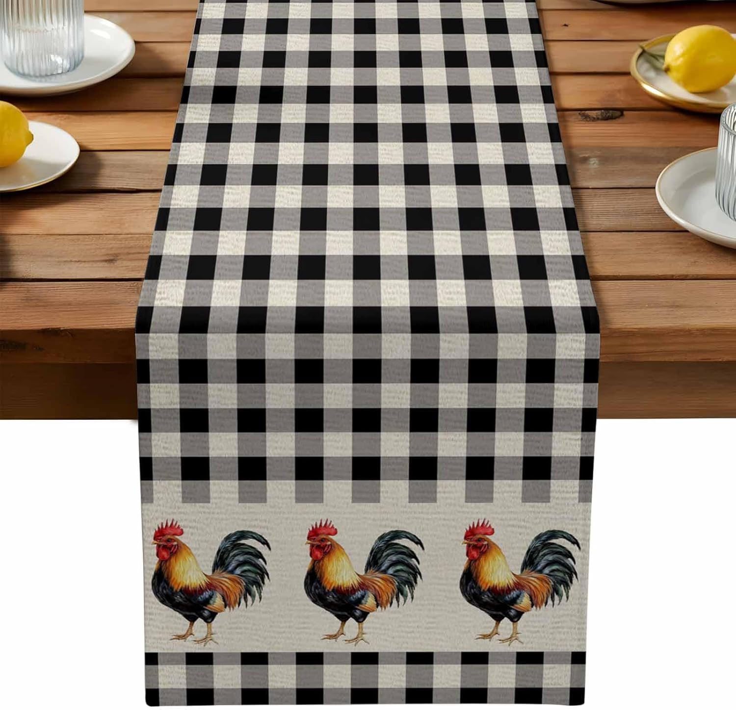 Table Runner Rooster Farm Animal Table Runners Dresser Scarves Retro Black White Buffalo Plaid Table Decor Seasonal Kitchen Dining Table Decoration for Home Holiday Party Decor 13x120 Inch