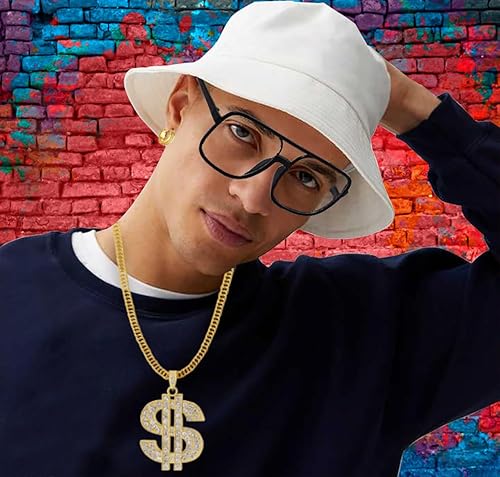 Vista 3 de FIRAZIO Kit de disfraz de hip hop de los años 80 y 90, accesorios de traje de rapero, sombrero de pescador, collar con signo de dólar, collar