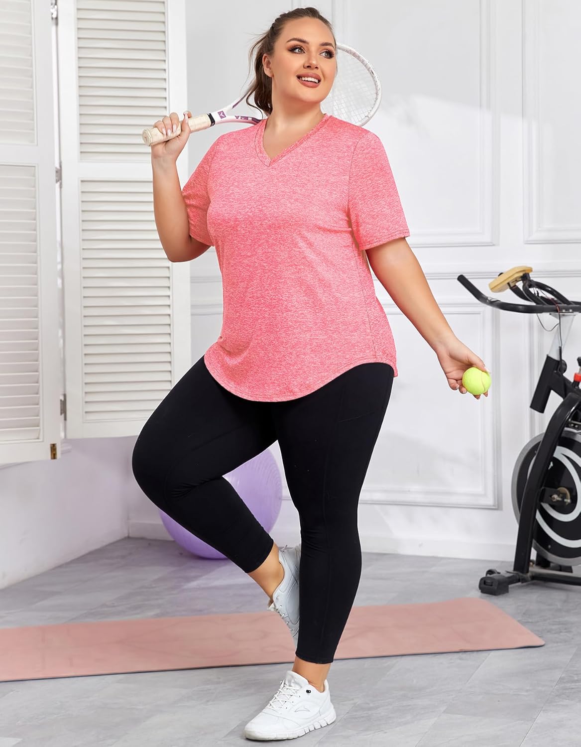 Plus Size Workout Tops for Women V-Neck Athletic Sport Short Sleeves Tee Summer Loose Fit Yoga Running Shirts Light Pink XX-Large - Image 6