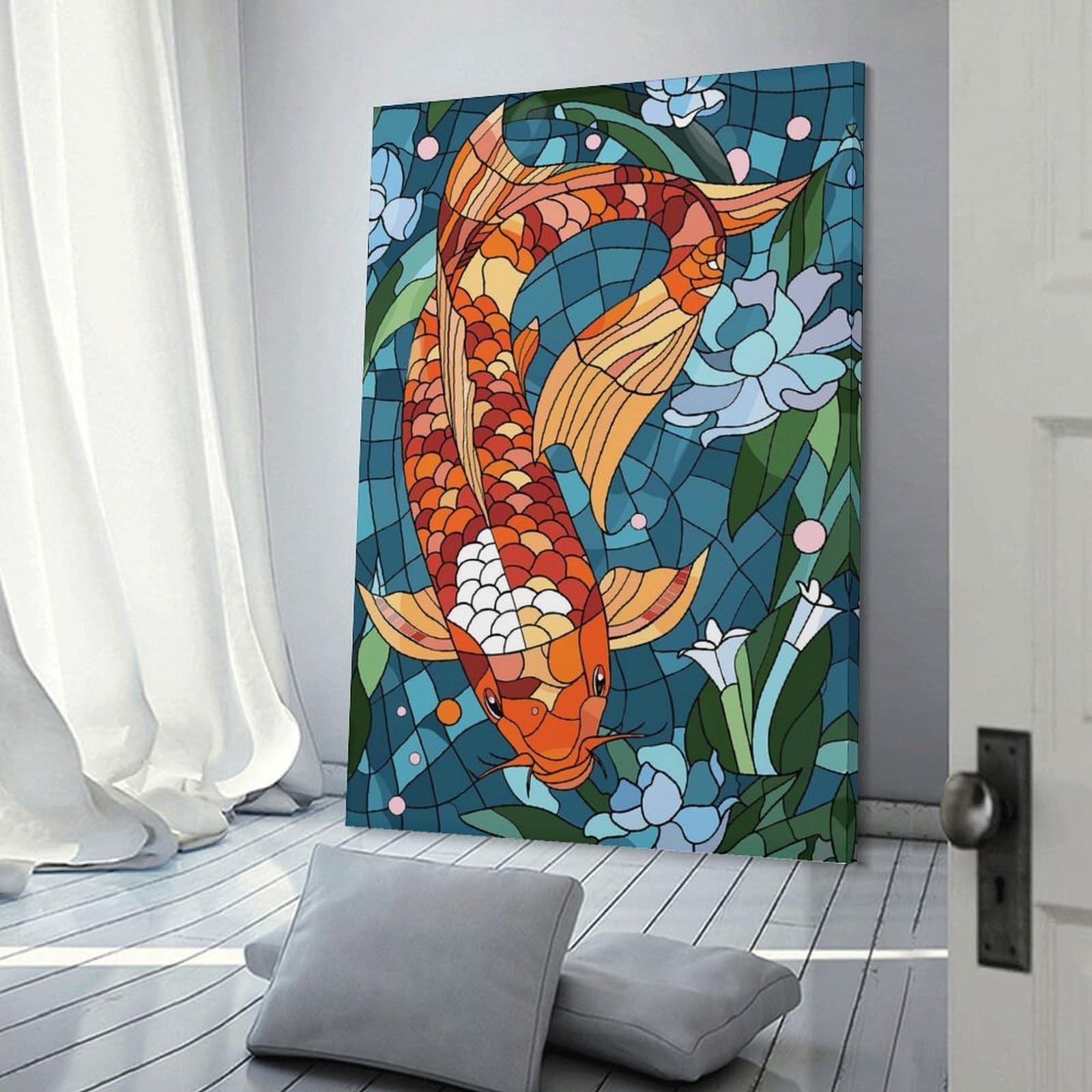 Junmoney Decorative Wall Artwork Stained Glass Koi Fish And Lotus Flowers, 20x30inch(50x75cm), for Lounge, Bedroom Or Personal Spaces, Gift Idea for Housewarming And Birthdays