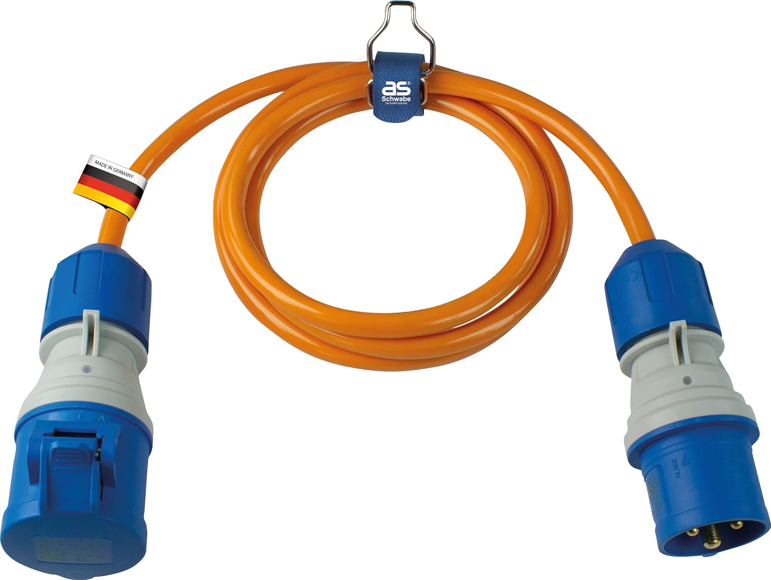 as - Schwabe Camping Extension Cable 1.5 m - 230 V / 16 A / 3-Pin - CEE Plug with Voltage Indicator - CEE Coupling with Hinged Lid - Motorhome Extension - Made in Germany - IP44, 62430