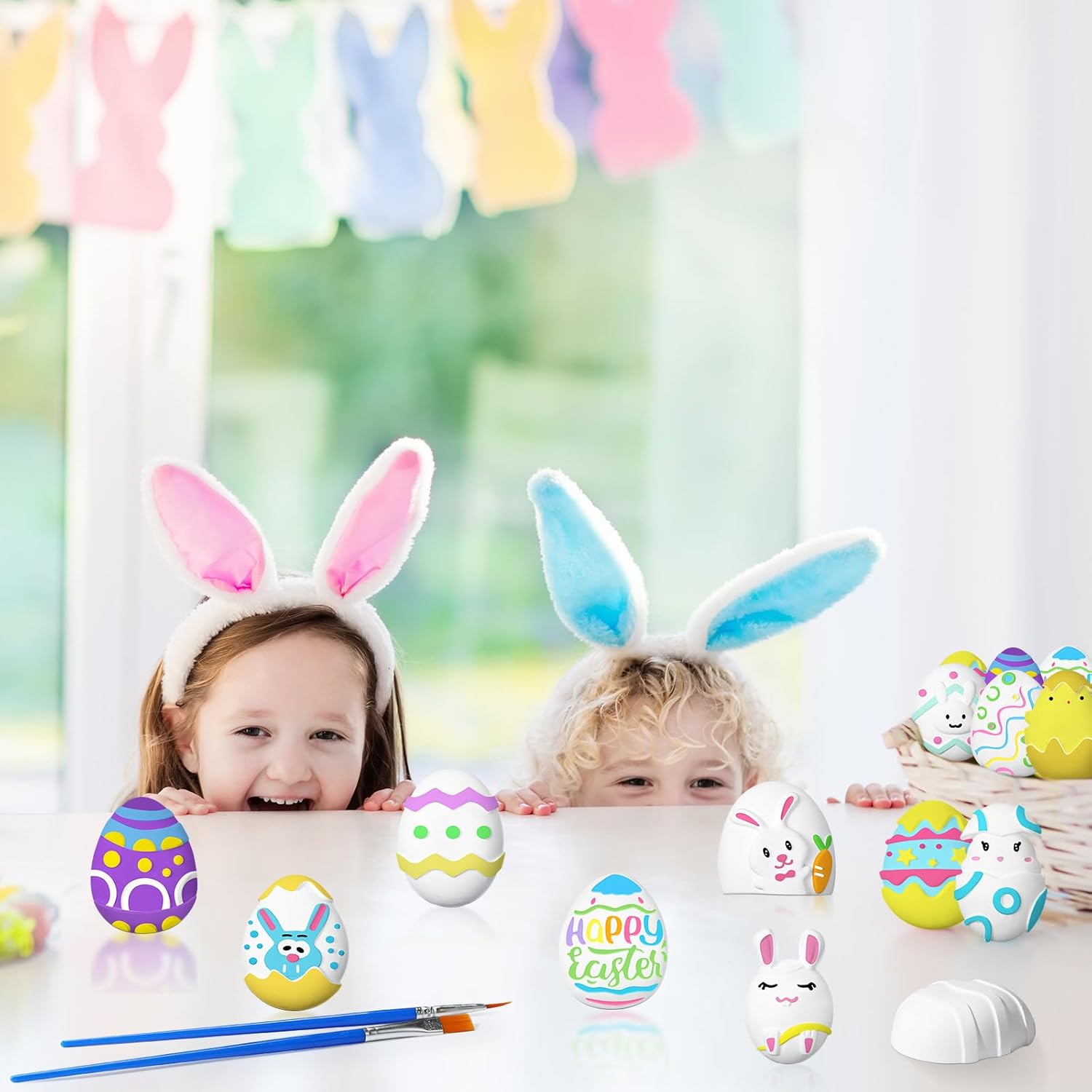 Pasimy 12 Pcs Easter Eggs Painting Kit Arts and Crafts Paint Your Own Eggs Coloring Decorating Kits DIY Gifts with Dye Paints Brush for Easter Basket Stuffers Creativity Activities