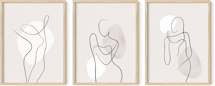 HAUS AND HUES Line Art Wall Decor - Set of 3 Minimalist Abstract Prints, Neutral Gray Modern Art for Living Room Beige Frame, 12x16