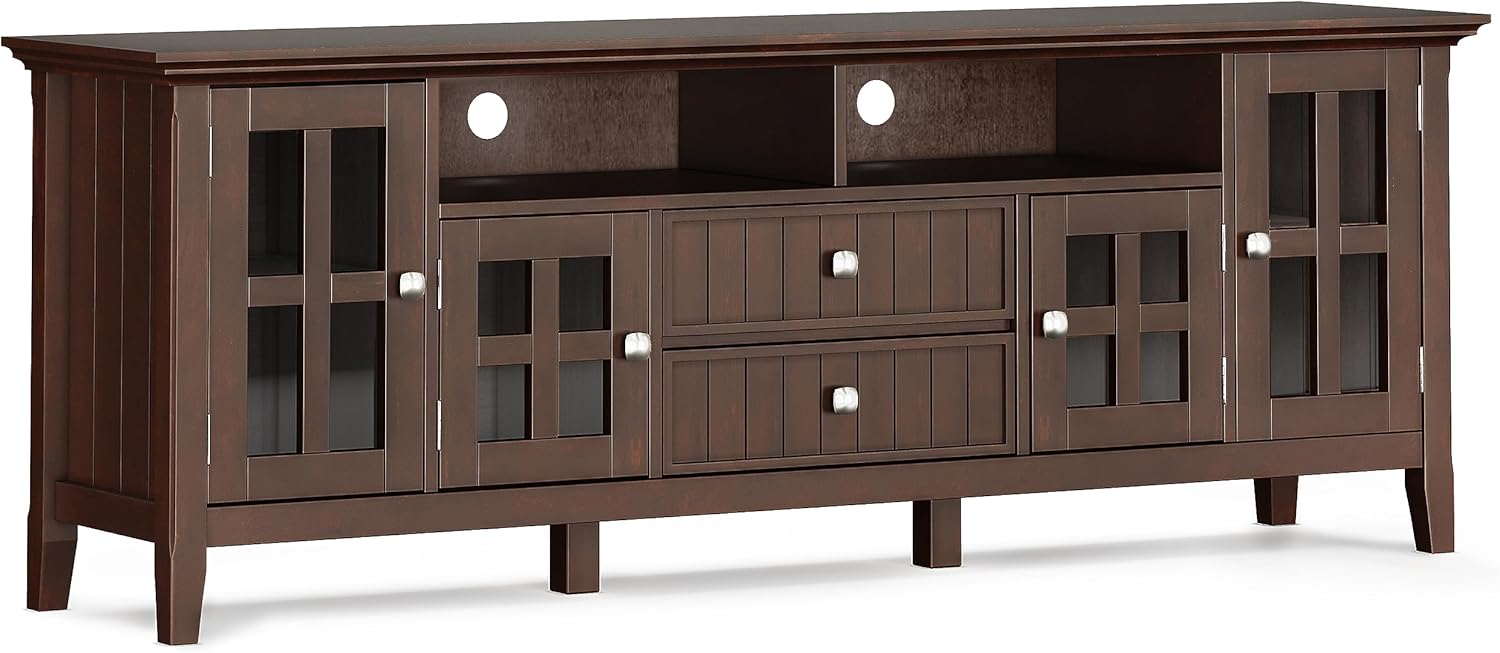 SIMPLIHOME Acadian TV Stand - 72 inch Wide Solid Wood Media Console in Brunette Brown, Transitional Entertainment Center for Living Room for TVs up to 80 Inches with Drawers and Cord Management