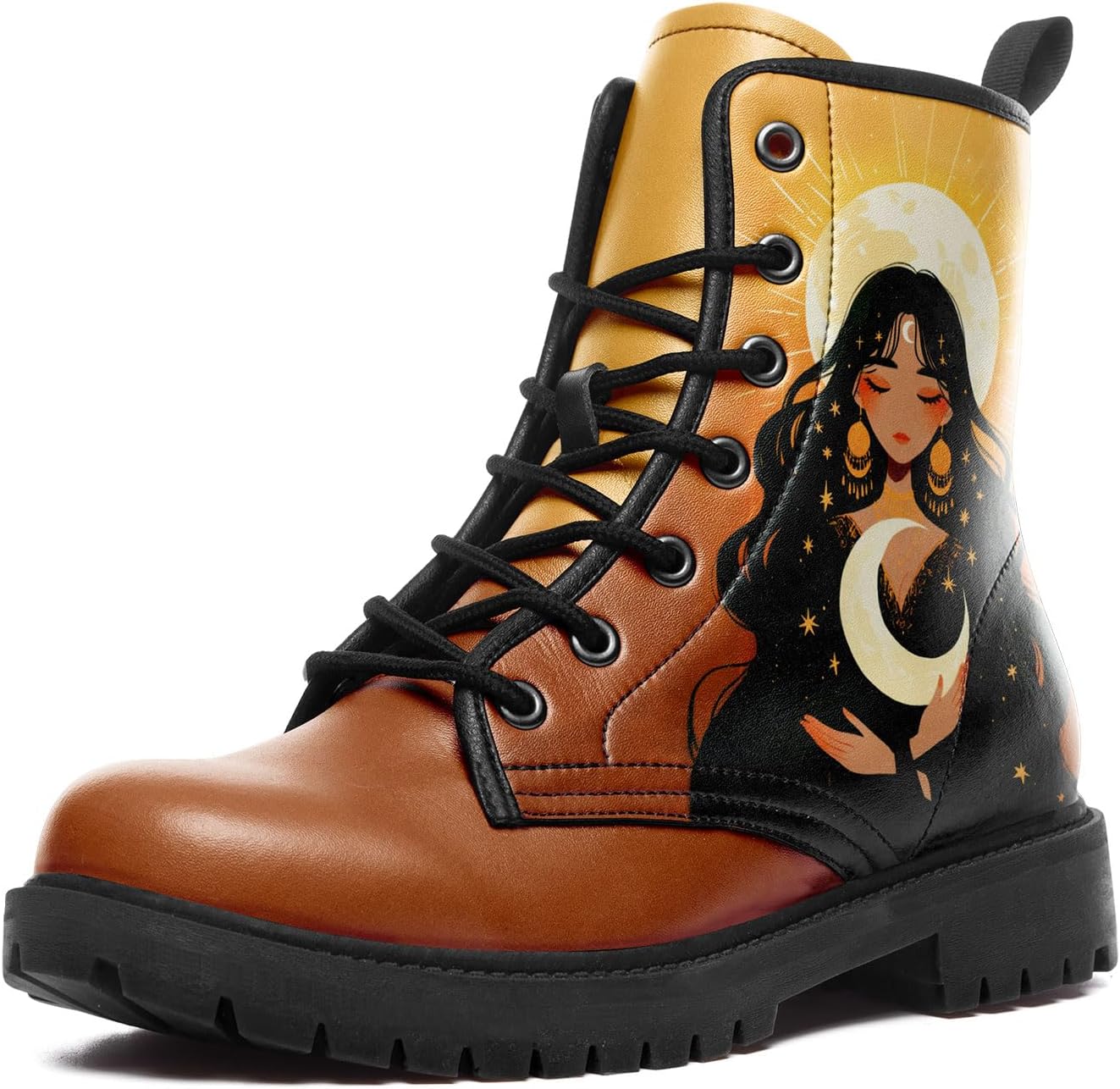 Sun and Moon Fashion Women's Ankle Boots Men's Platform Lace-up Leather Combat Booties Gift Winter Fall Dress Boots