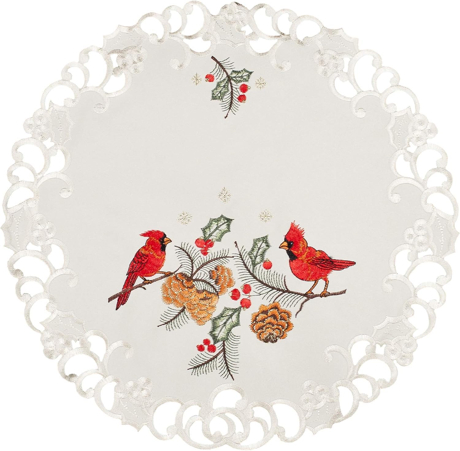 Embroidered Christmas Red Cardinals and Pine Cones on White Satin Doily, Placemat, Small Table Topper (24 Inch Round)
