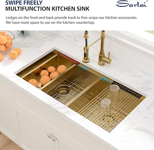 Vista 124 de Sarlai Fregadero doble de 33 piezas para empotrar - Fregadero de cocina de 33 x 19 pulgadas, acero inoxidable de calibre 16, esquina redonda, doble