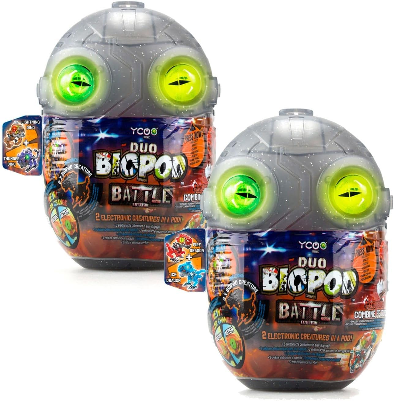 Silverlit YCOO Biopod Battle Duo Pack - Interactive Jurassic Robots - 2 Small Electronic Dinosaurs to Assemble - Light Sound Effects - 4 Robot Toys to Collect - 9 cm - Suitable for Ages 5 and Above