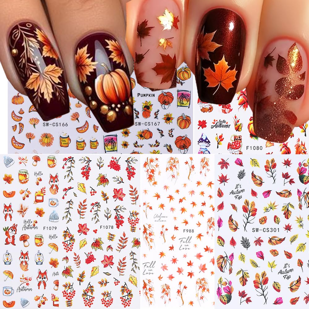7 Sheets Fall Maple Nail Stickers for Nail Art, 3D Self-Adhesive Autumn Leaf Pumpkin Nail Decals, Mushroom Nail Supplies Nail Art Design Accessories