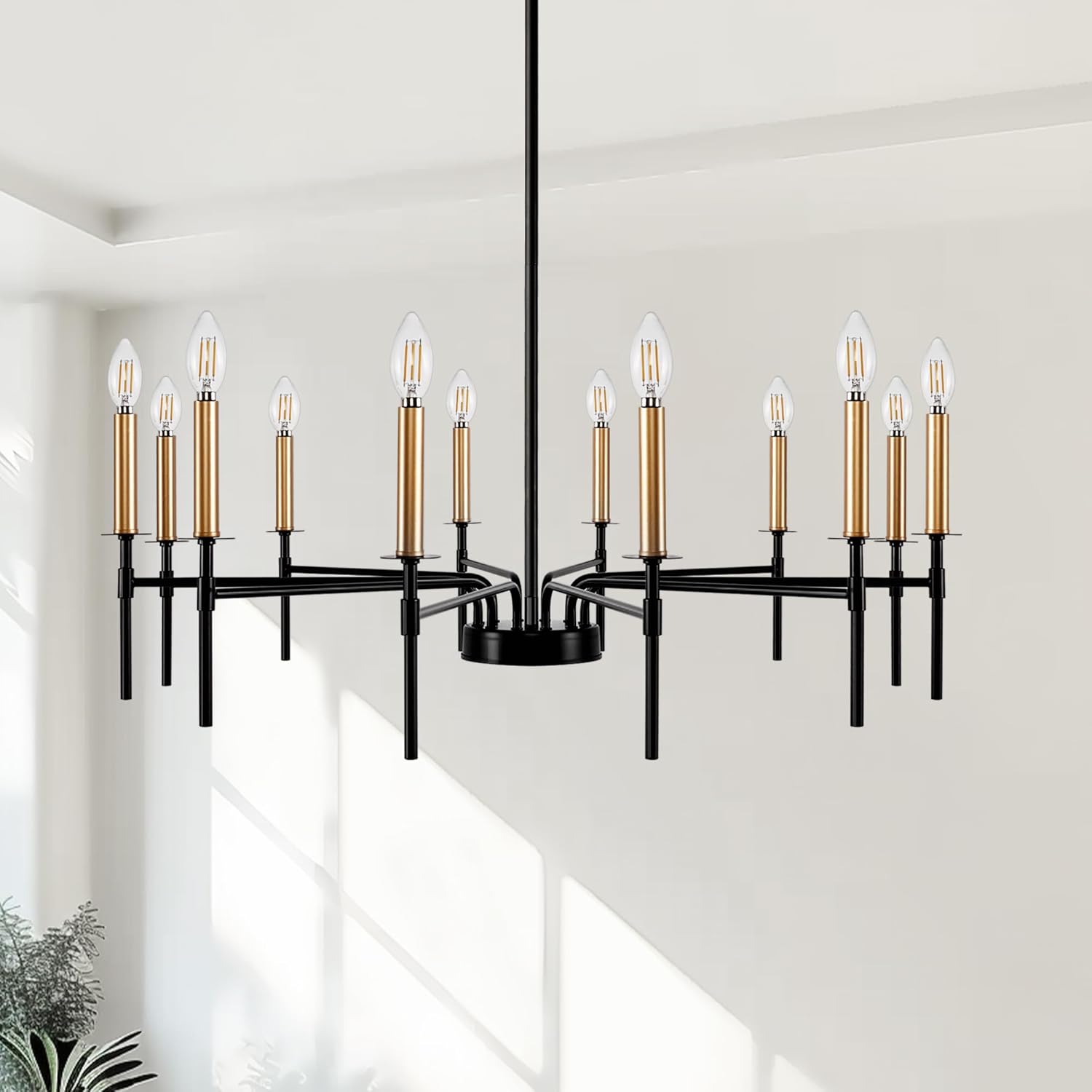 DORESshop Modern Chandelier for Dining Room, 12-Light 31.9" Black and Gold Metal Dining Room Light Fixture Over Dining Table, Adjustable Hanging Farmhouse Chandelier for Bedroom Kitchen Living Room