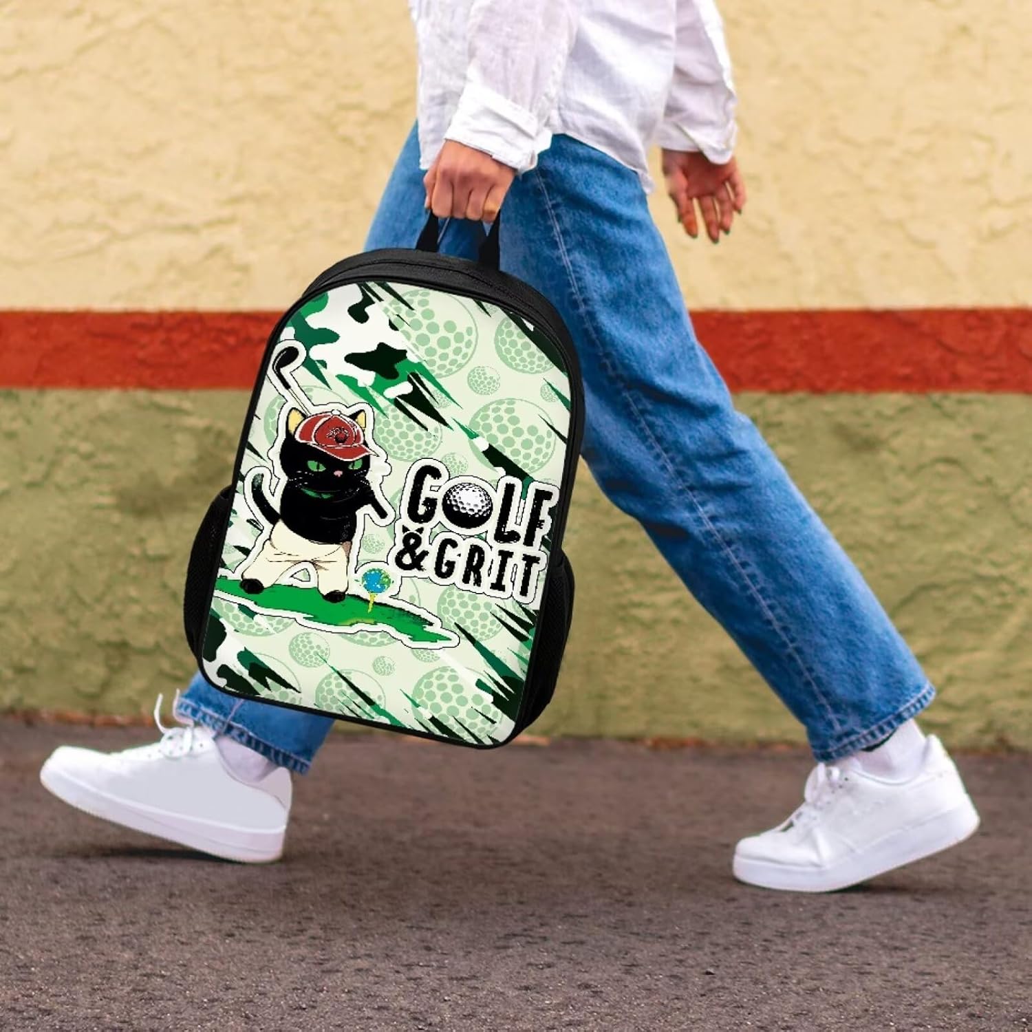 Coloranimal Black Cat Golf Print Kids Backpack Daypack for Boys Girls Outdoor Sports Rucksack with Adjustable Strap School Shoulder Bag for Travel Hiking Camping