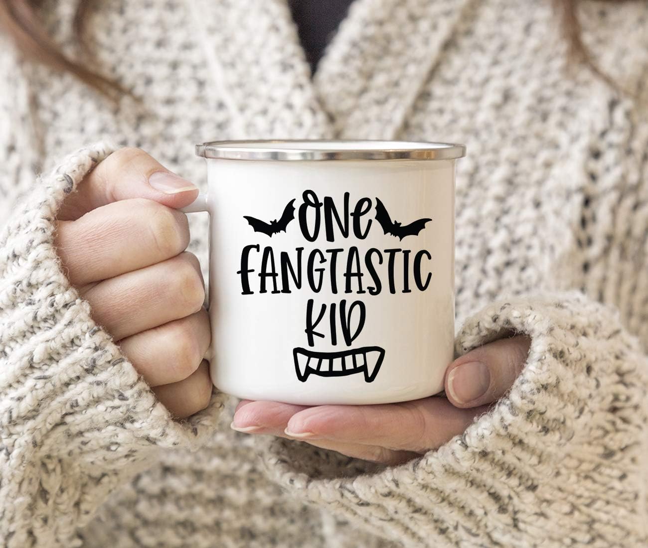 Andaz Press Funny Halloween 11oz. Stainless Steel Campfire Coffee Tea Mug, One Fangtastic Kid, Bat Graphic, 1-Pack, Birthday Christmas Ideas