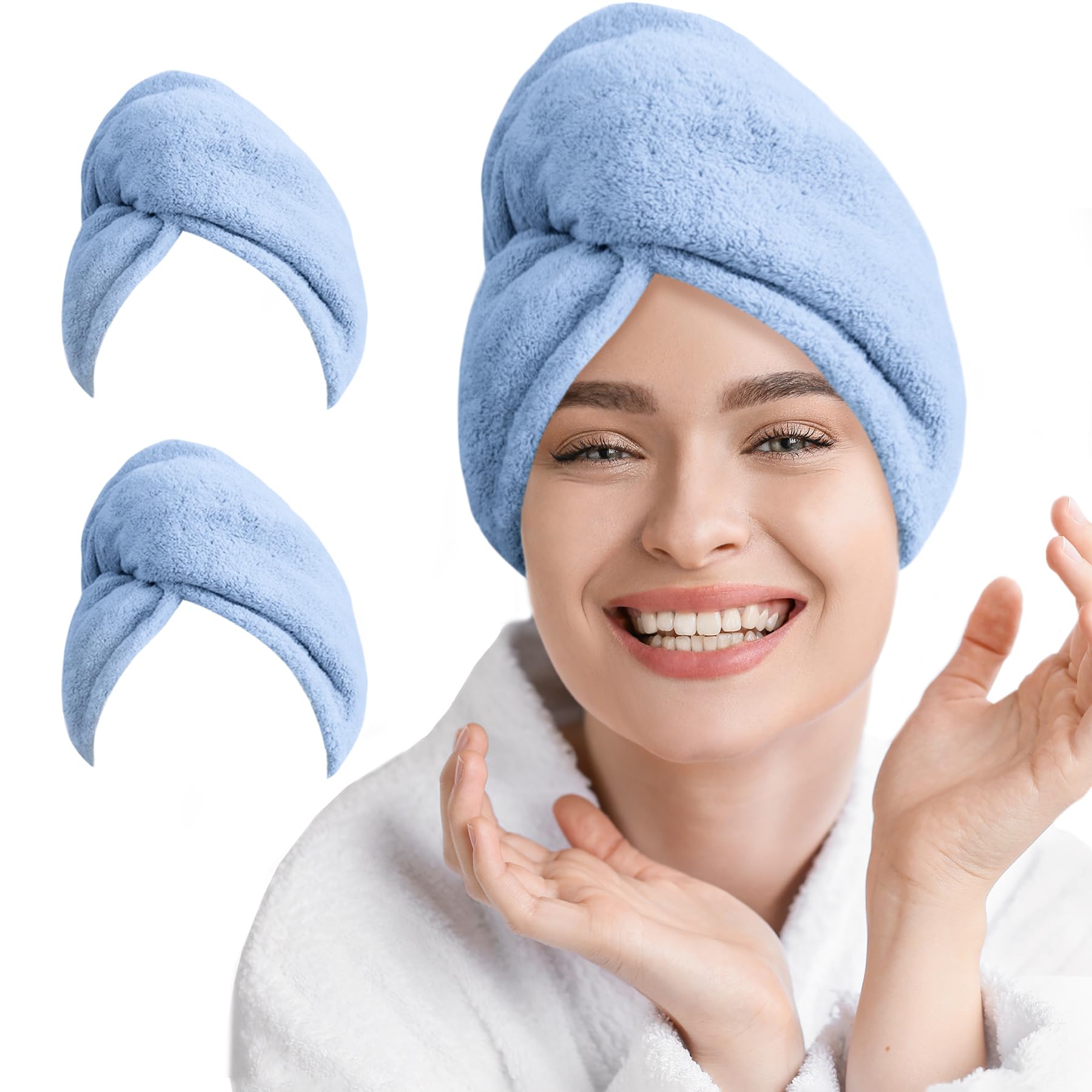 2 Pack Microfiber Hair Towel Wrap for Women Super Absorbent Quick Dry Hair Turban for Drying Curly, Long & Thick Hair 10 inch X 26 inch SkyBlue+SkyBlue