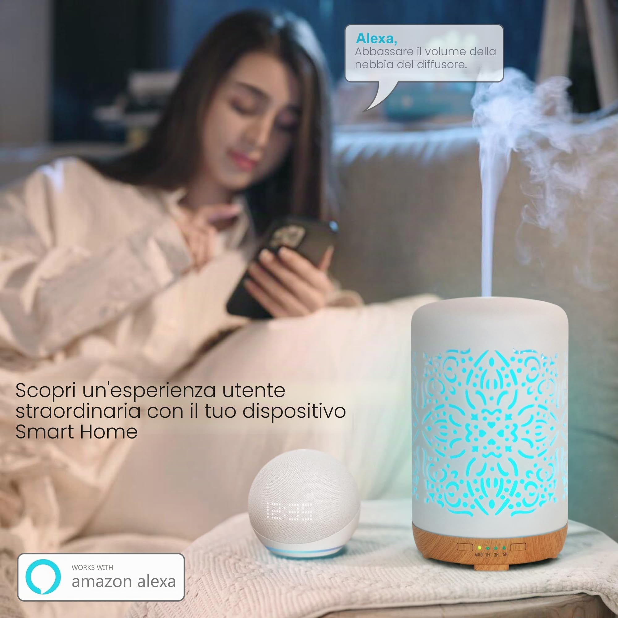 Earnest Living Diffusore Smart WiFi per oli essenziali, diffusore in ceramica, 250 ml, con app Alexa Google Home, controllo telefonico, LED e spegnimento automatico, umidificatore per ufficio,