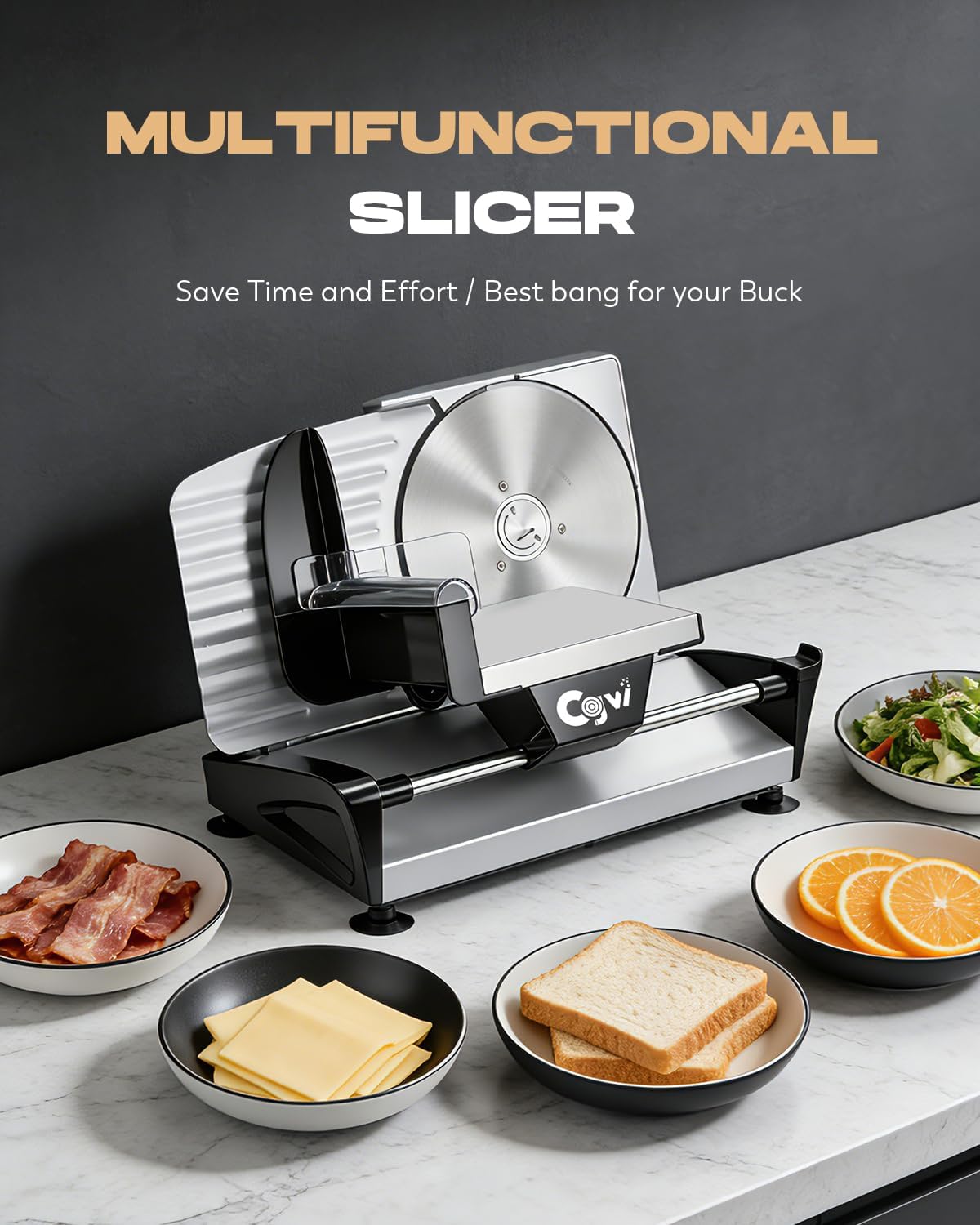 CGOLDENWALL 220W Meat Slicer, 9" Electric Deil Food Slicer with 2 Stainless Steel Blades, 4/5" Adjustable Thickness, Food Slicer Machine for Home Cutting Meat Cheese Bread Vegetables, 110V CE