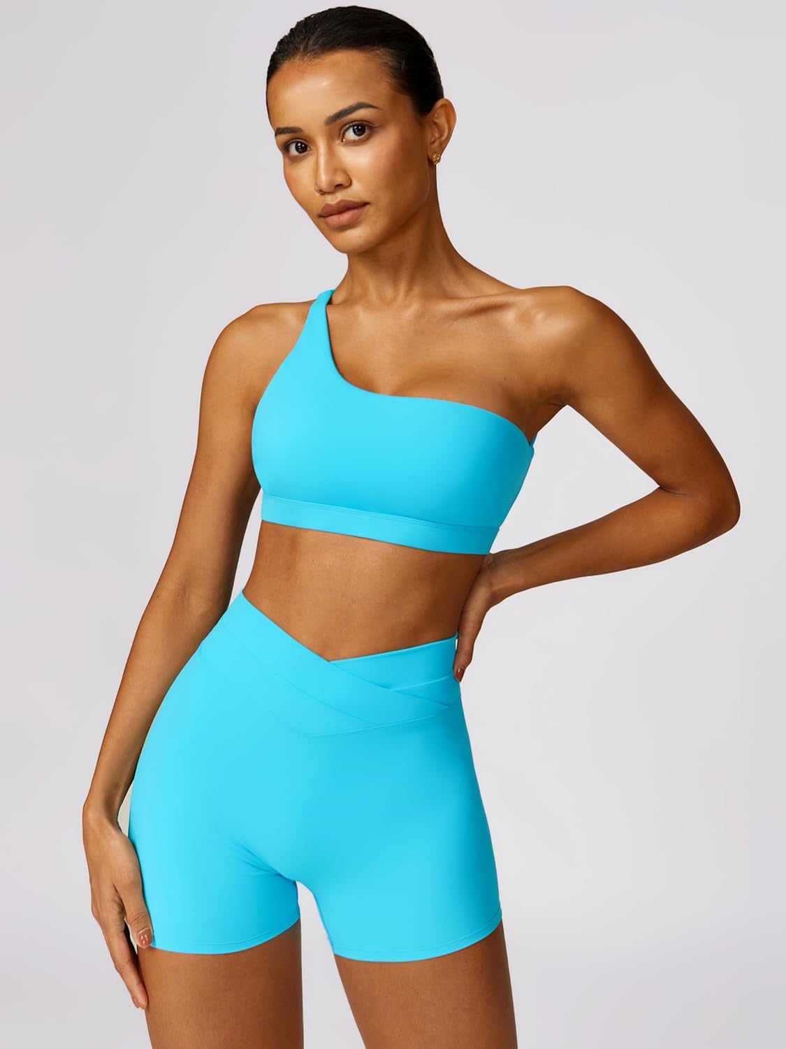 ABOCIW Workout Sets for Women Crossover High Waist Biker Shorts One Shoulder Sports Bra 2 Piece Gym Yoga Outfits - Image 2