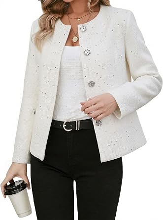 Womens Short Tweed Sequin Blazer Casual Fashion Round Neck Sparkly Jacket