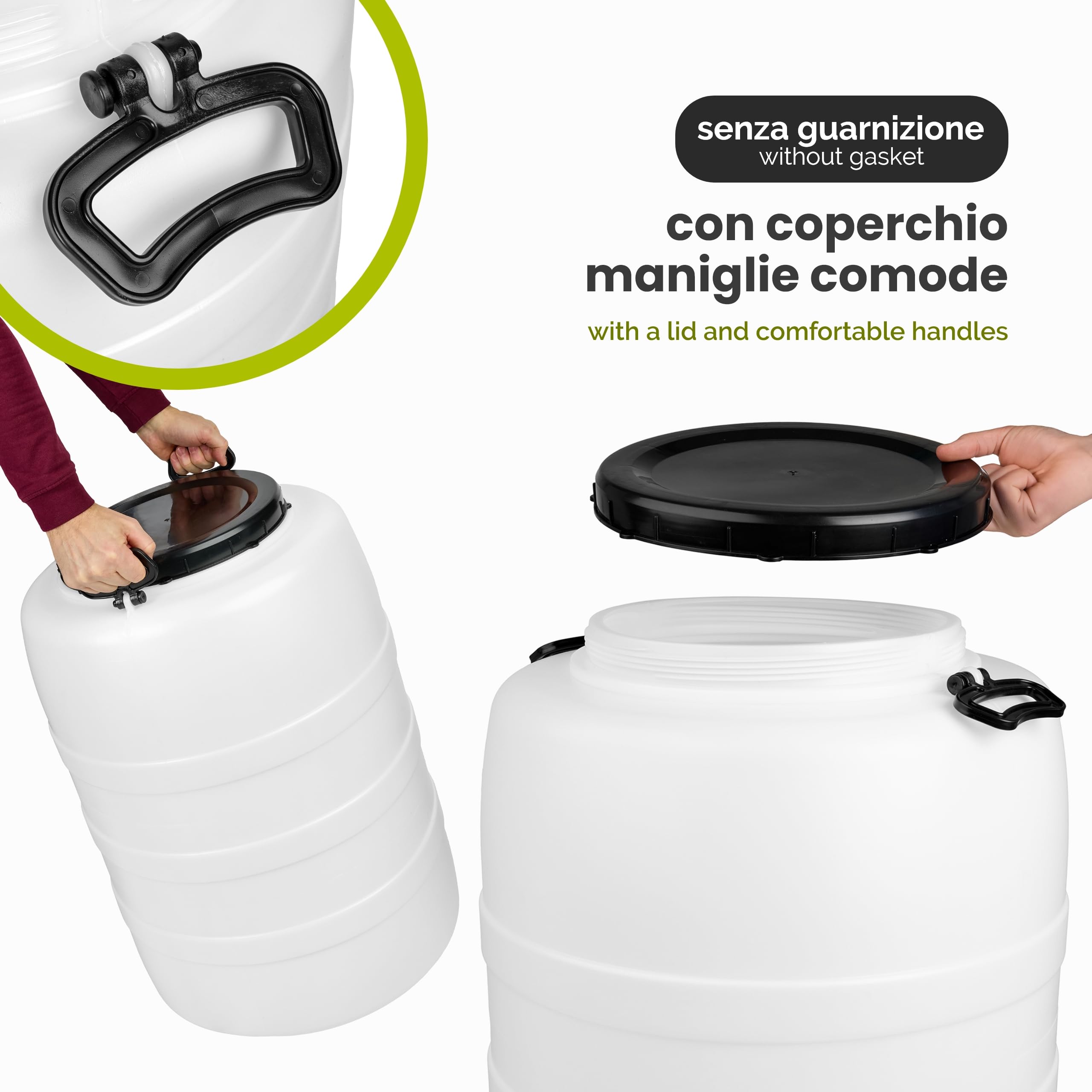 Garronda 120 L e rubinetto e pressa Fusto Bidone Plastica Mastello in HDPE come Contenitore e Serbatoio Acqua e Alimenti per Stoccaggio, Fermentazione e Raccolta Acqua Piovana GD-0187 Bianco