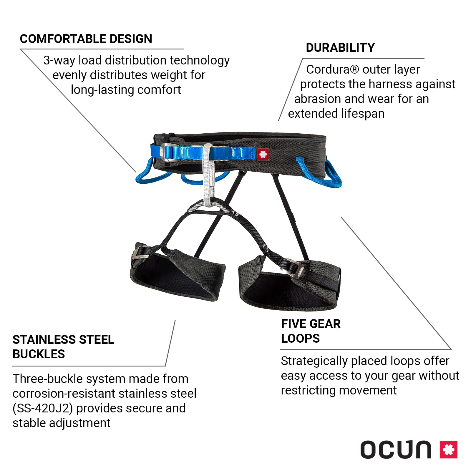 Ocun Unisex Levit Rock Climbing Harness, Indoor, Alpine & Sport Climbs for Men & Women, Black/Blue, Medium