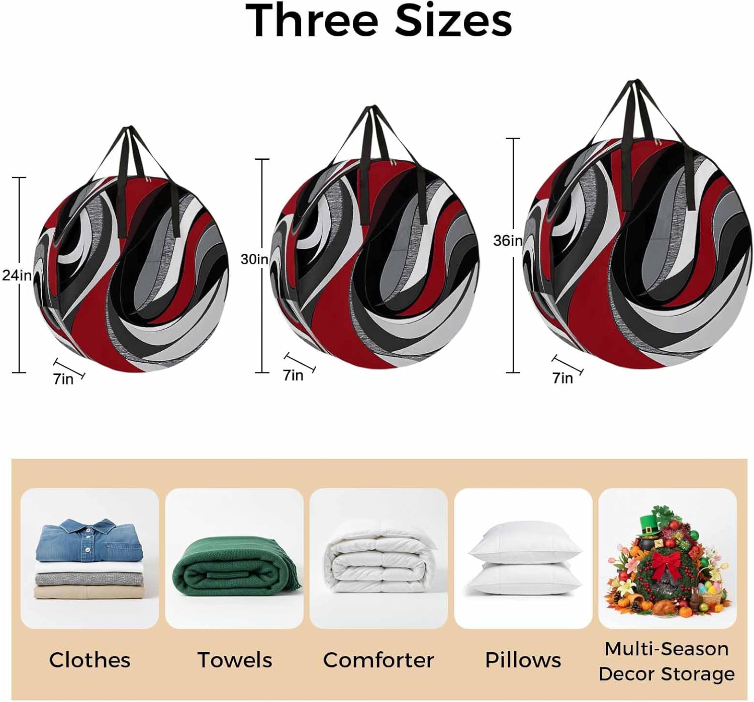 Abstract Twist Art Round Storage Bag 36 Inch, Black and Red Classic Match Modern Art Clothes Storage Container with Handles Heavy Duty Organizer for Comforter, Bedding & Holiday Wreaths