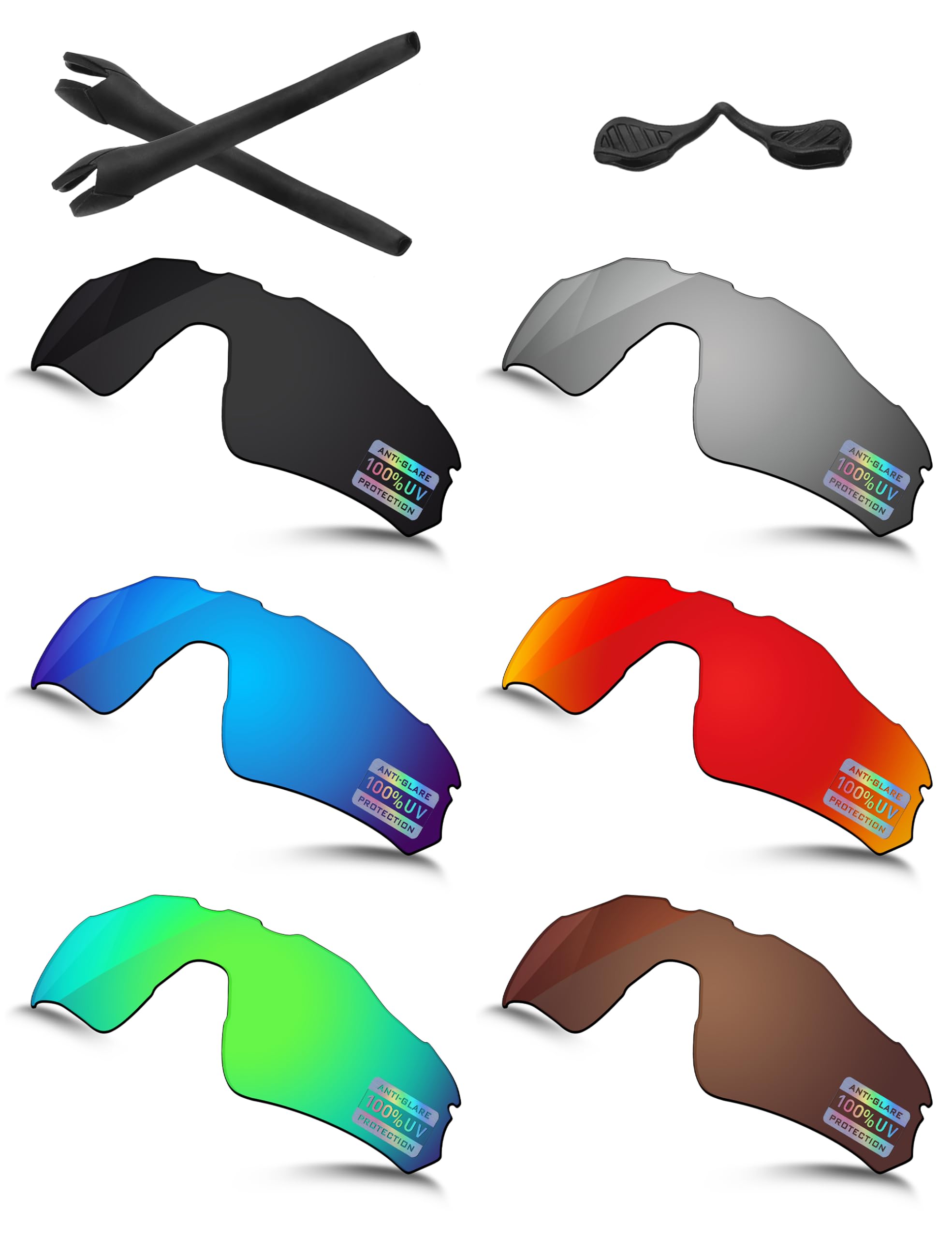 Bowyer 6 lenti polarizzate di ricambio e kit di gomma per occhiali da sole Oakley Radar EV Path OO9208, nero + specchio in titanio + specchio blu surf + specchio rosso fuoco + specchio verde giada +