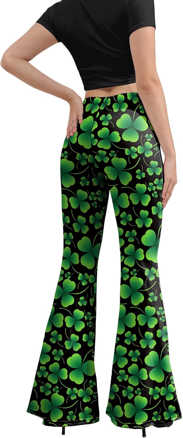 Womens St Patricks Day Bell Bottoms Leggings, High Waisted Printed Flare Plus Size Bell Bottoms Pants Green Pants Black - Image 3