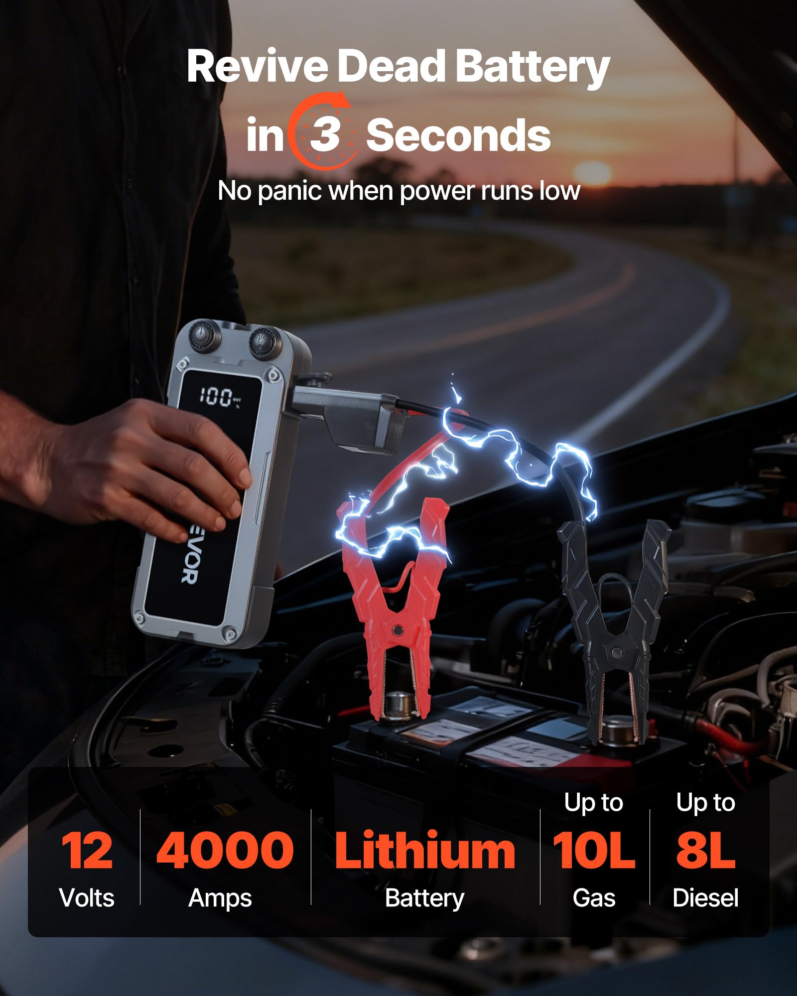 VEVOR Arrancador de Batería 4500A Pico 24000mAh, Arrancador de Baterías de Coche 12 V, Gasolina 10L, Diésel 8L, Banco de Energía Portátil USB, Linterna 3 Modos, 12 Protecciones para Moto Camión Barco