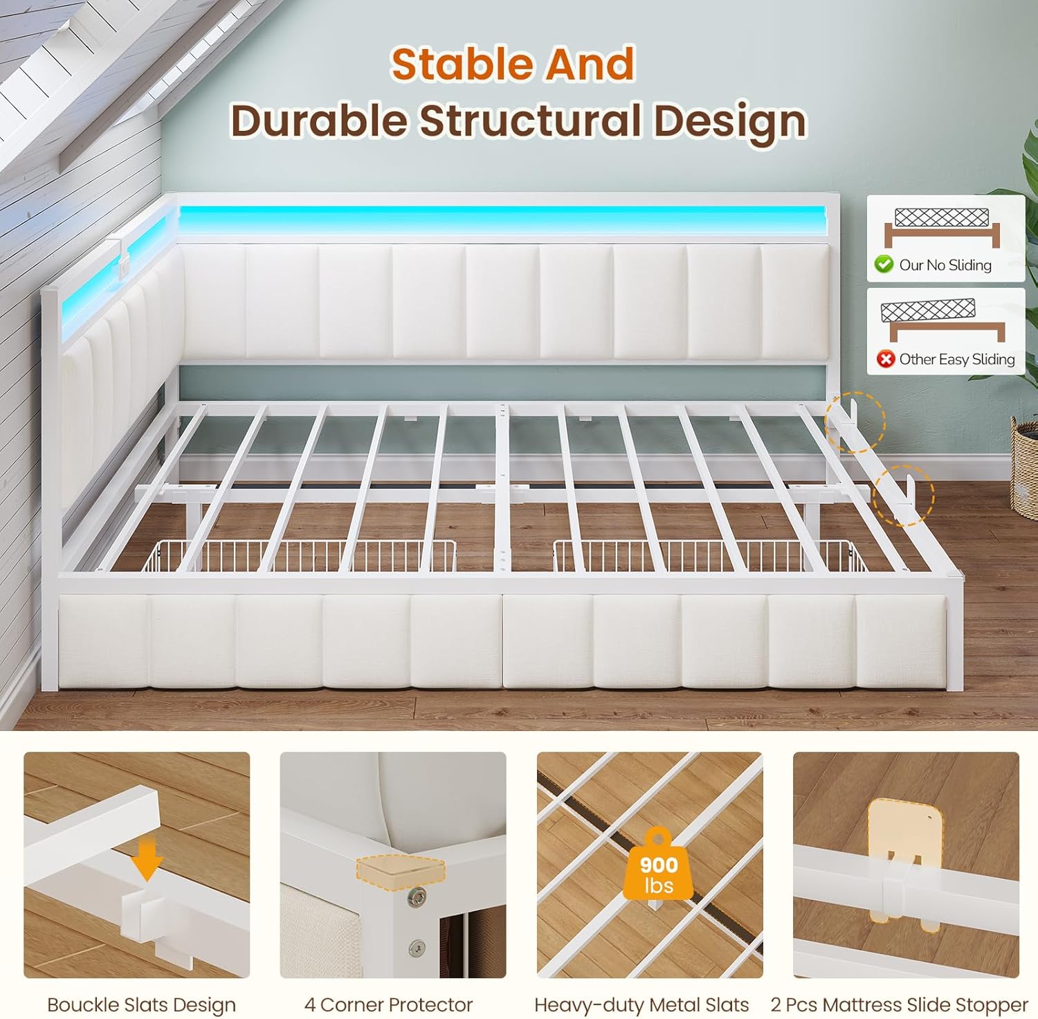 Image showing two possible configurations for the corner bed frame, allowing for left or right corner placement, suitable for use as a daybed or sleeping bed.