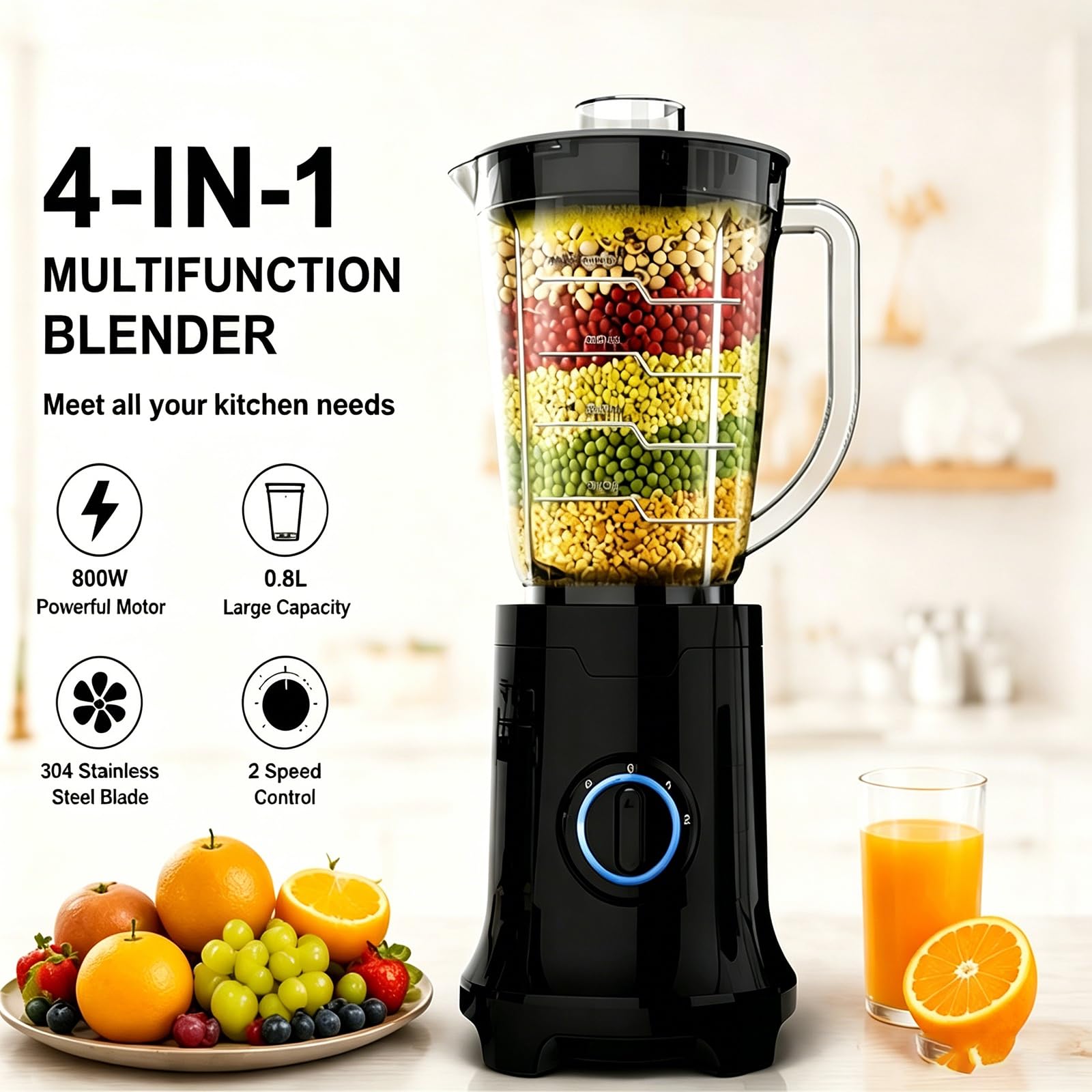 Frullatore E Robot Da Cucina Compatto 4-In-1, Spremiagrumi Portatile Da 400w for Smoothie, Tritacarne E Macinacaffè, Caraffa 0,8 L for Frullati, Tritatura E Macinatura Di Frutta Secca