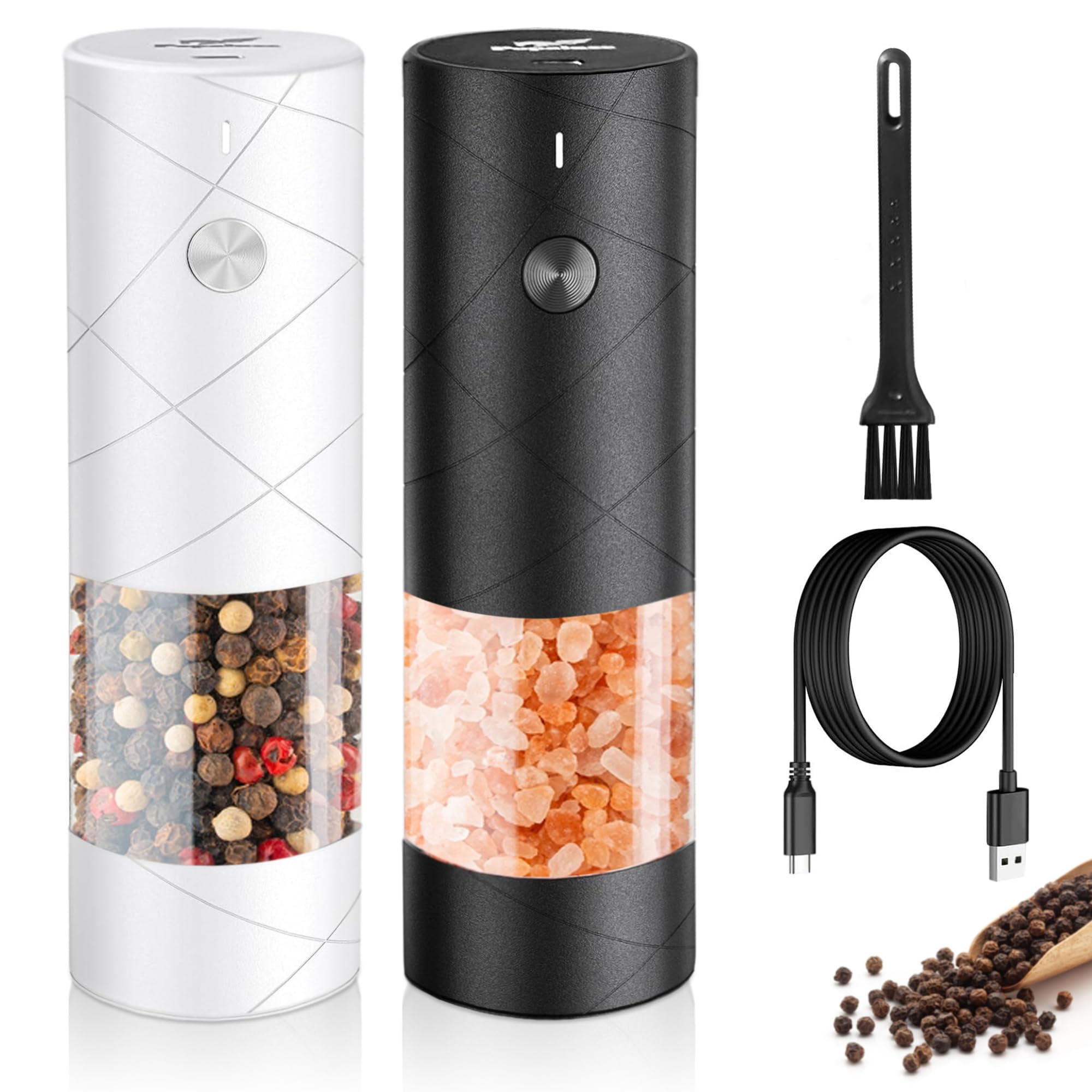 Electric Salt & Pepper Grinder Set – Sleek USB Rechargeable Mills with Warm LED Light, Adjustable Coarseness, One-Touch Operation, Large Capacity (2-Pack, Stylish Black & White)