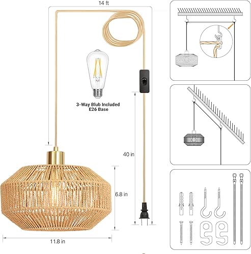 Miniatura 2 de Lámpara colgante de ratán tejido de papel con enchufe, lámpara colgante bohemia rústica para cocina, comedor, dormitorio, entrada, con bombilla