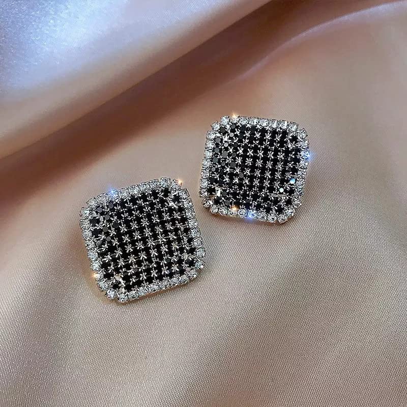 Orecchini a Bottone con Strass e zirconi cubici Neri Quadrati Quadrati in Argento Sterling per Donna Stile Femminile
