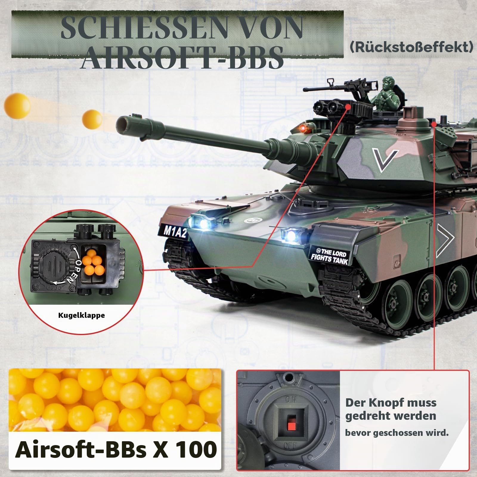 Supdex RC Panzer 1/18 USA M1A2 Abrams Armeegrün, 2.4GHz Panzer Ferngesteuert mit Schussfunktion, WW2 Panzer Modell, Kampfpanzer mit Rauch, Spielzeug mit Licht und Sound für Erwachsene und Kinder